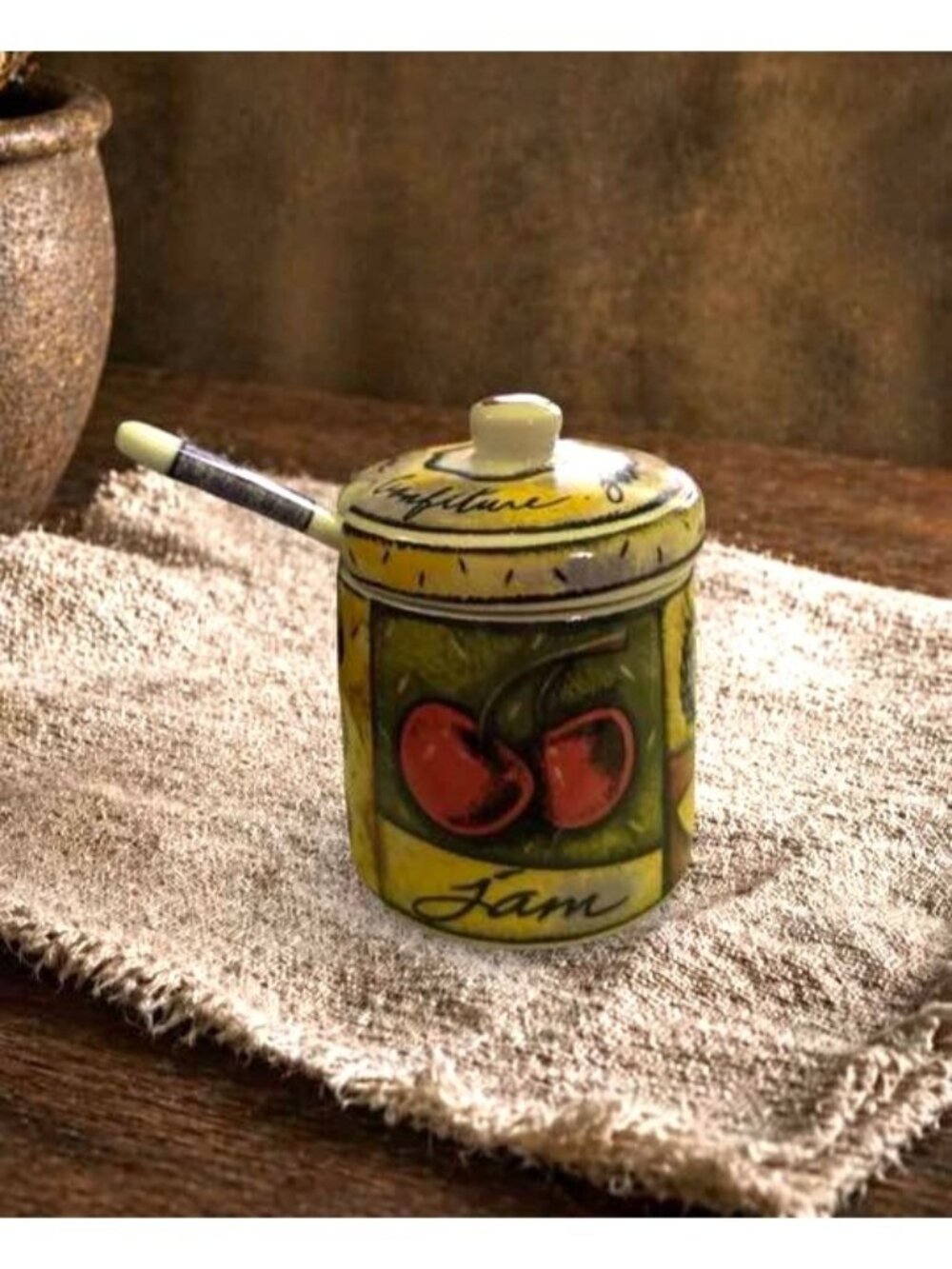 Hand-Painted Ceramic Jam Jar With Lid & Spoon - Fruit Design - Vintage Style Tab